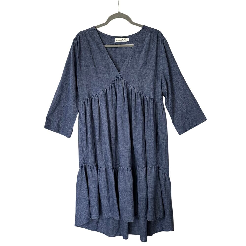 Johnny Was CALME Dress Size M Hemp Blend Denim Like Tiered Boho Relaxed Pockets